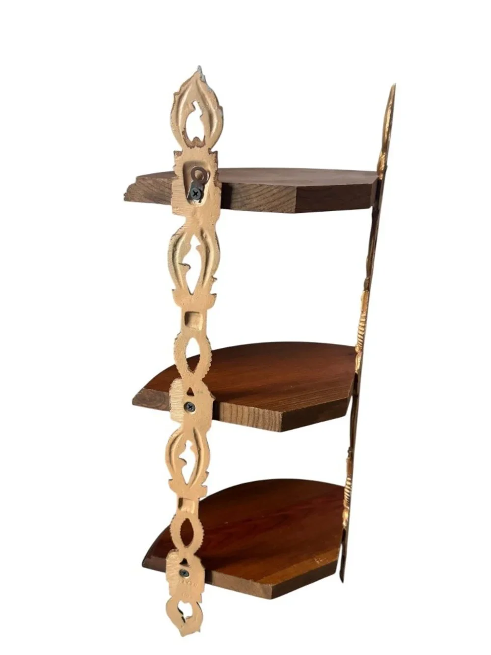 Vintage Sexton 3 Tier Wooden Wall Corner Shelf With Ornate Metal Brackets